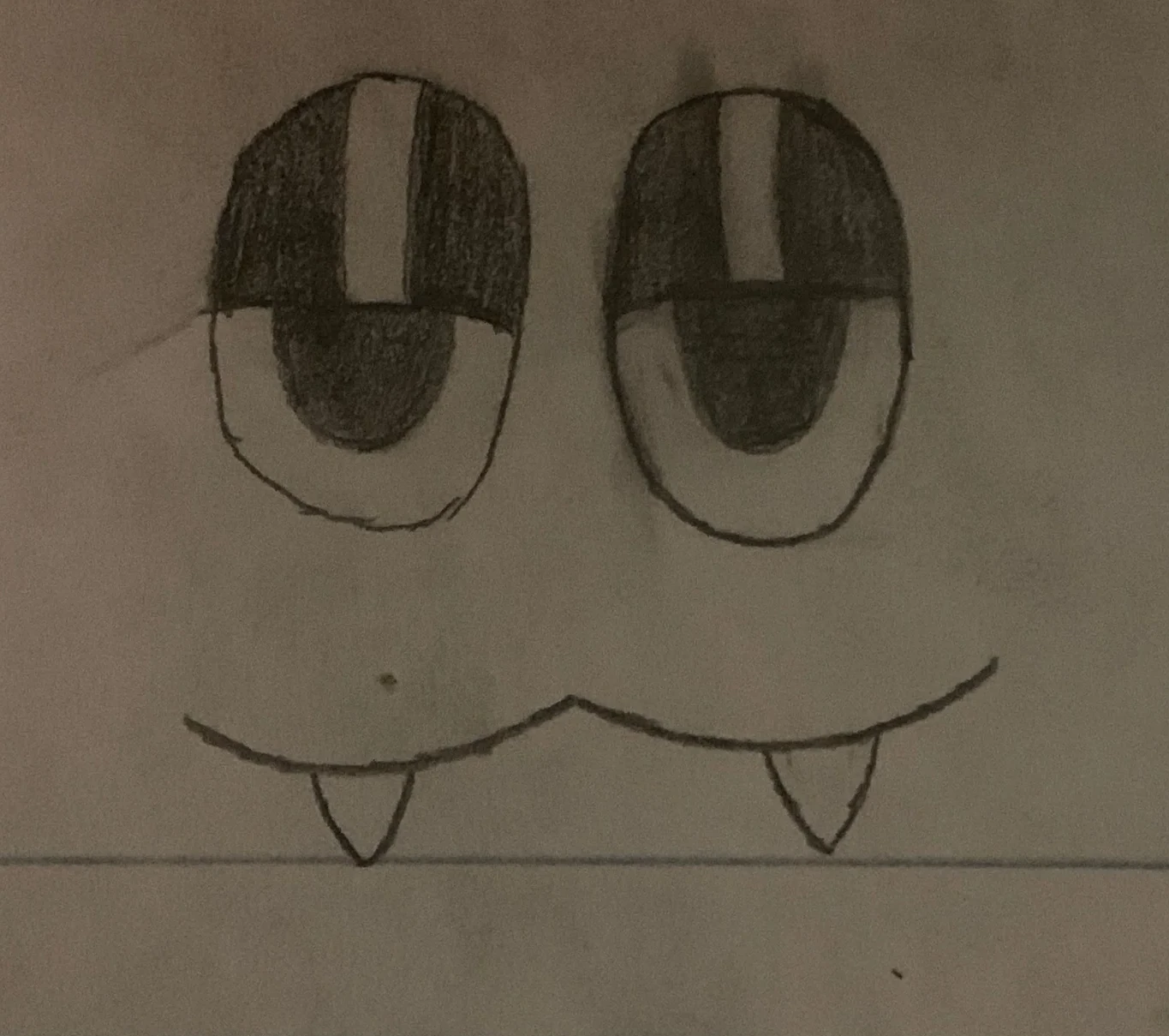A catgirl face with shiney eyelids at half-mast and little teeth.