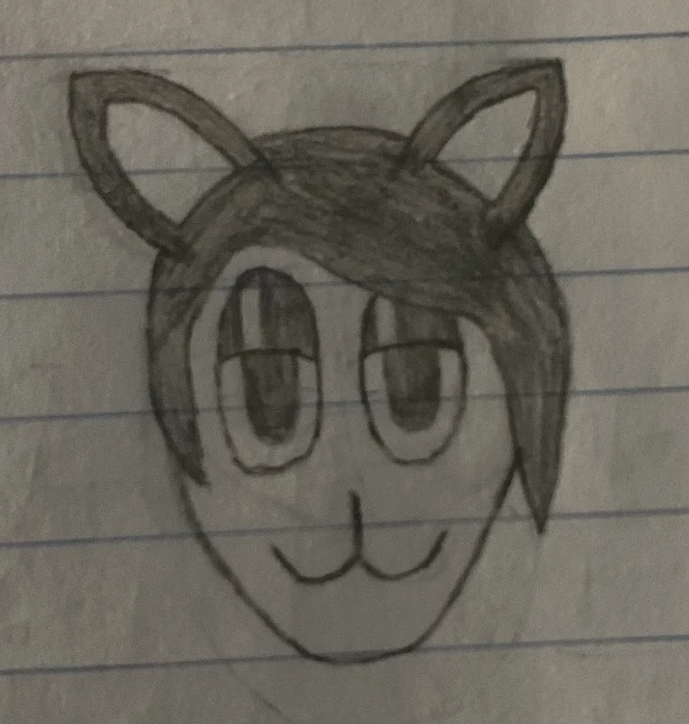 A catgirl with a dark, asymmetrical haircut and shiny eyelids
