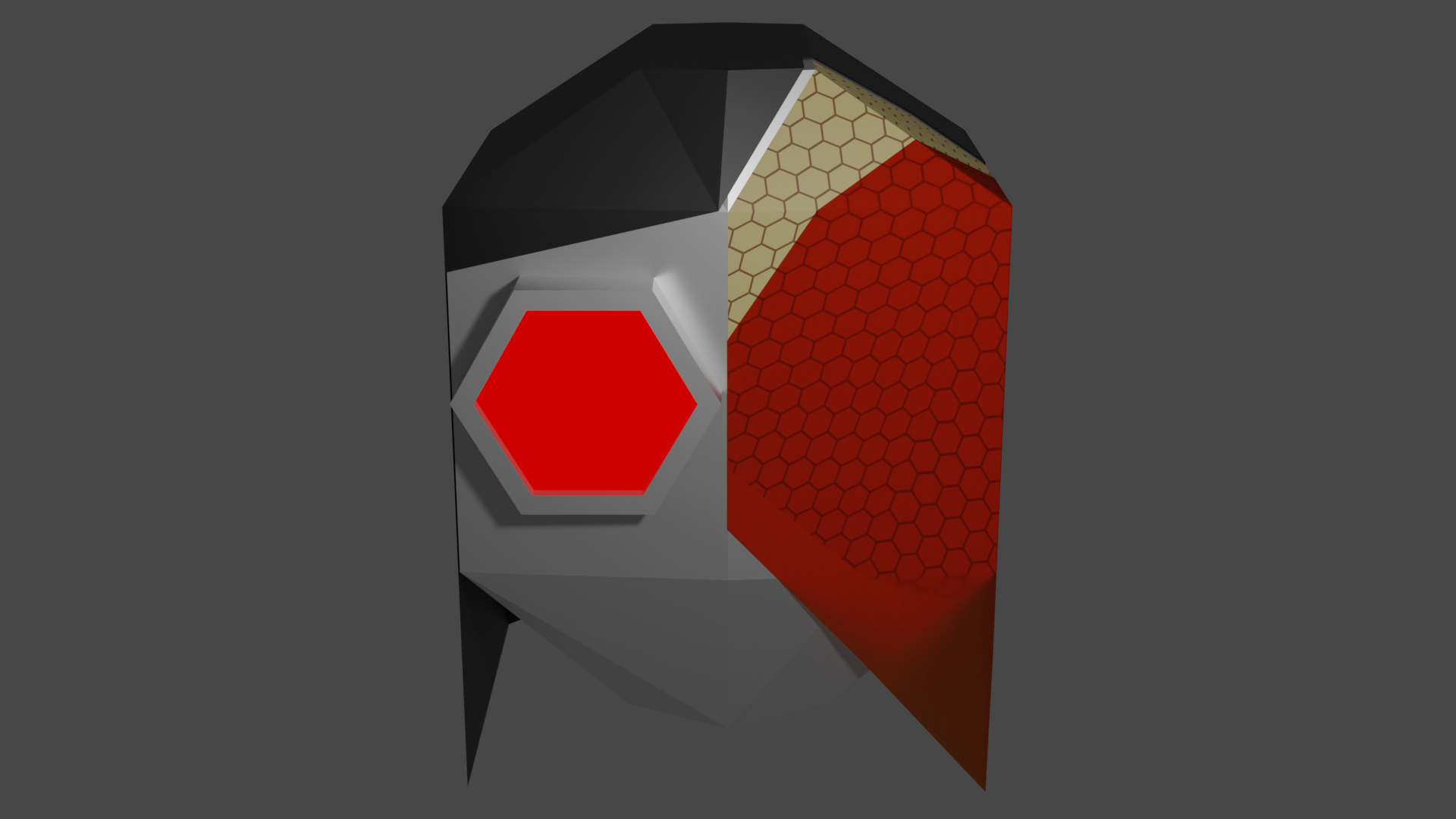 A robot with a red eye on the left side of her face. She has hair on the left side, while the right side of her face has a hole, revealing a honeycoamb that is seeping honey.