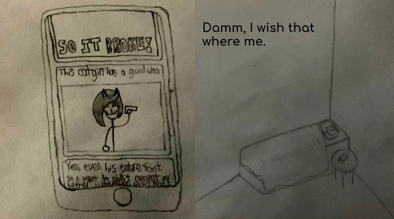A comic. The first panel is a phone with a meme captioned with 'this catgirl has a gun! woa'. The next panel are a person lying in bed and a phone on a table next to the bed. They are saying 'Damm, I wish that where me.'