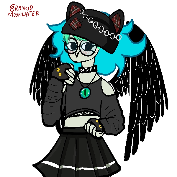 a green-skinned person with wild blue hair, glasses, a blush, a cat ear beenie, a skirt, and massive wings.