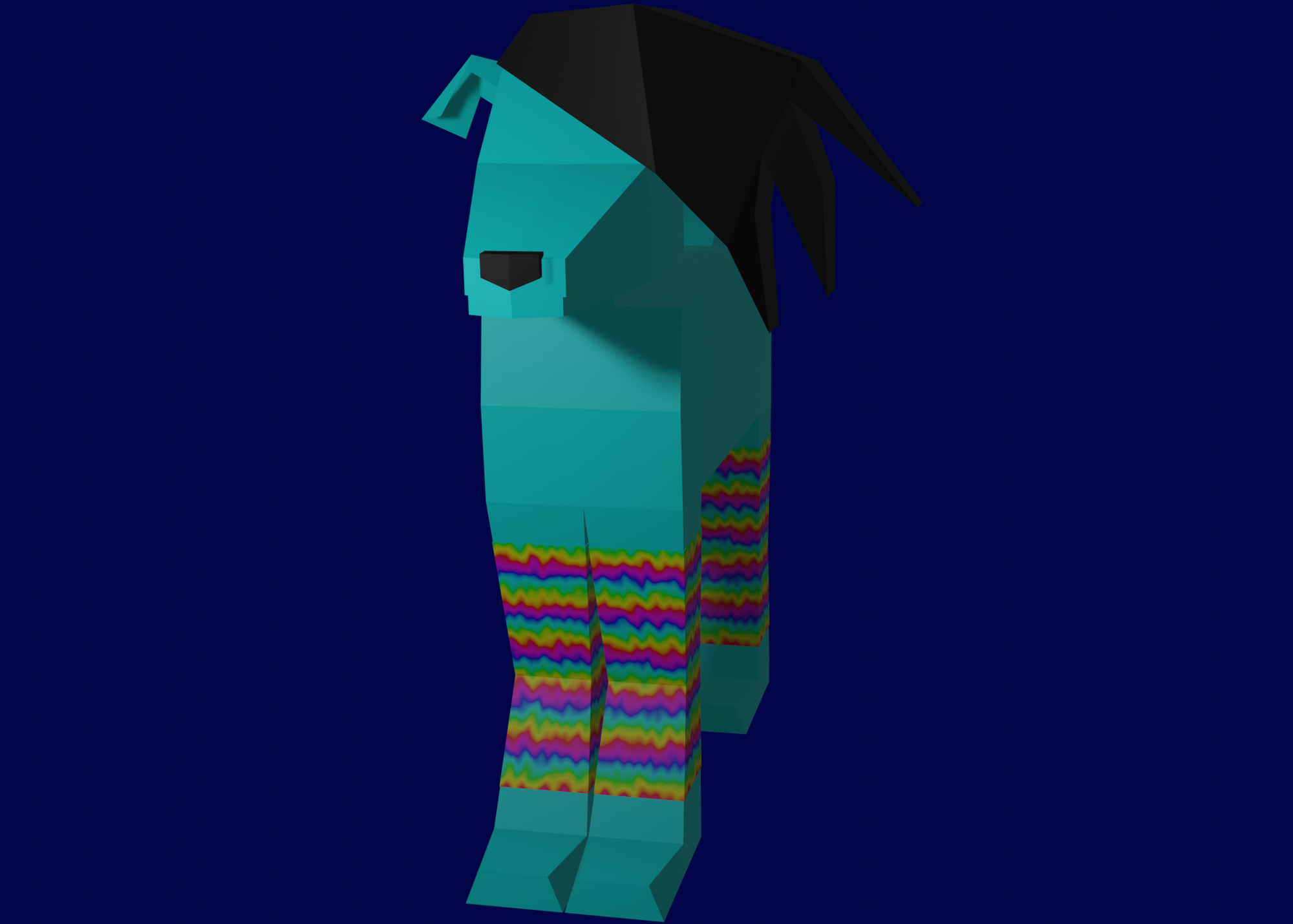 A lowpoly blue dog with an emo haircut covering half her face and rainbow stripy leg warmers.