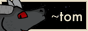 A dark-grey dragon with lighter-grey horns and red eyes, facing at some text that says '~tom'