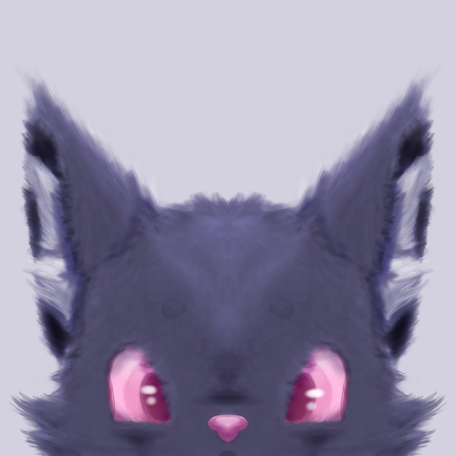 A portait of a cat looking forward. The cat's mouth and downwards are out of frame. They have dark fur and pink eyes.