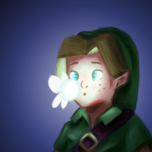 A bust portrait of young Link, from The Legend of Zelda: Ocarina of Time. In front of his face Navi hovers gently, Link stares at the fairy.