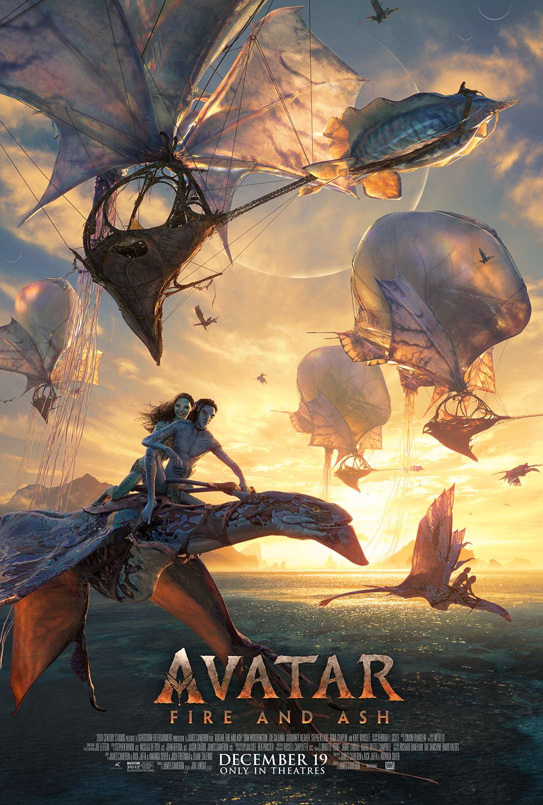 A poster for Avatar: Fire and Ash, featuring two Na’vi flying on a banshee, with many other banshees and hot air balloon-like ships behind them