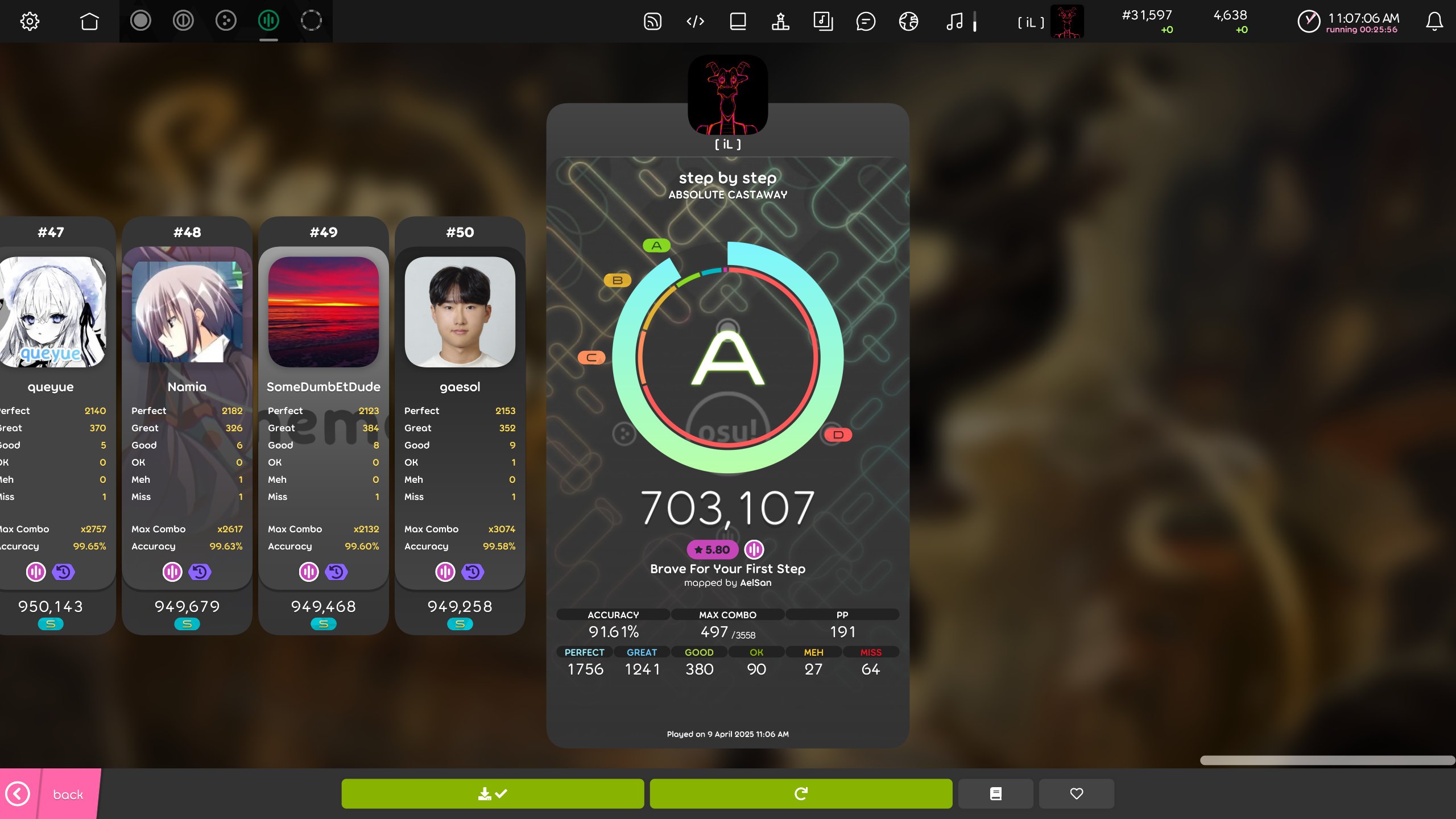 An A on step by step’s 5.80 star difficulty mapped by AelSan in osu!lazer (osu!mania 4K)