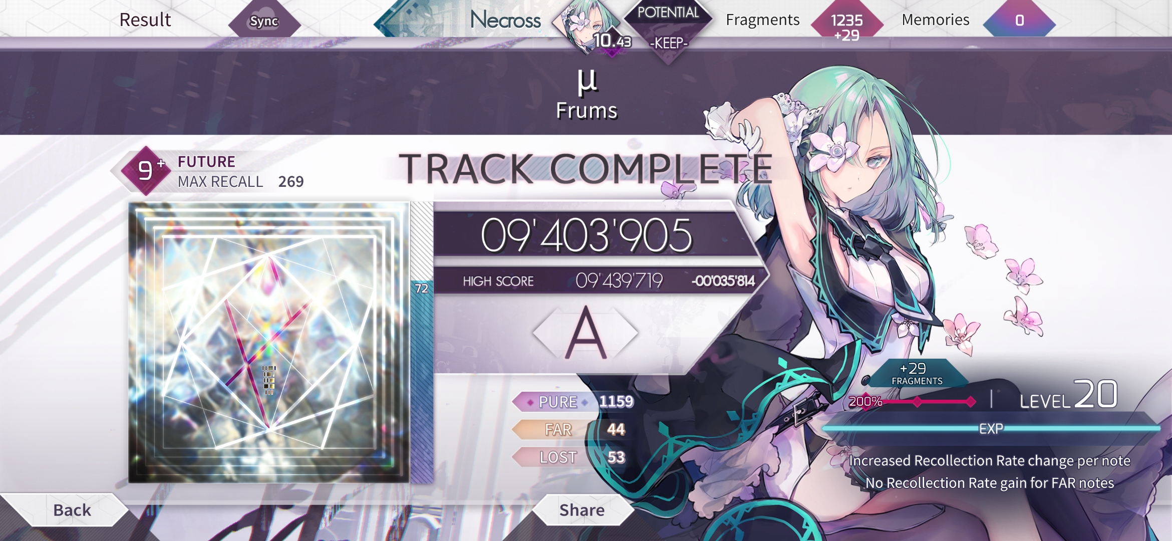 An A track clear as Saya on µ Future 9+ in Arcaea
