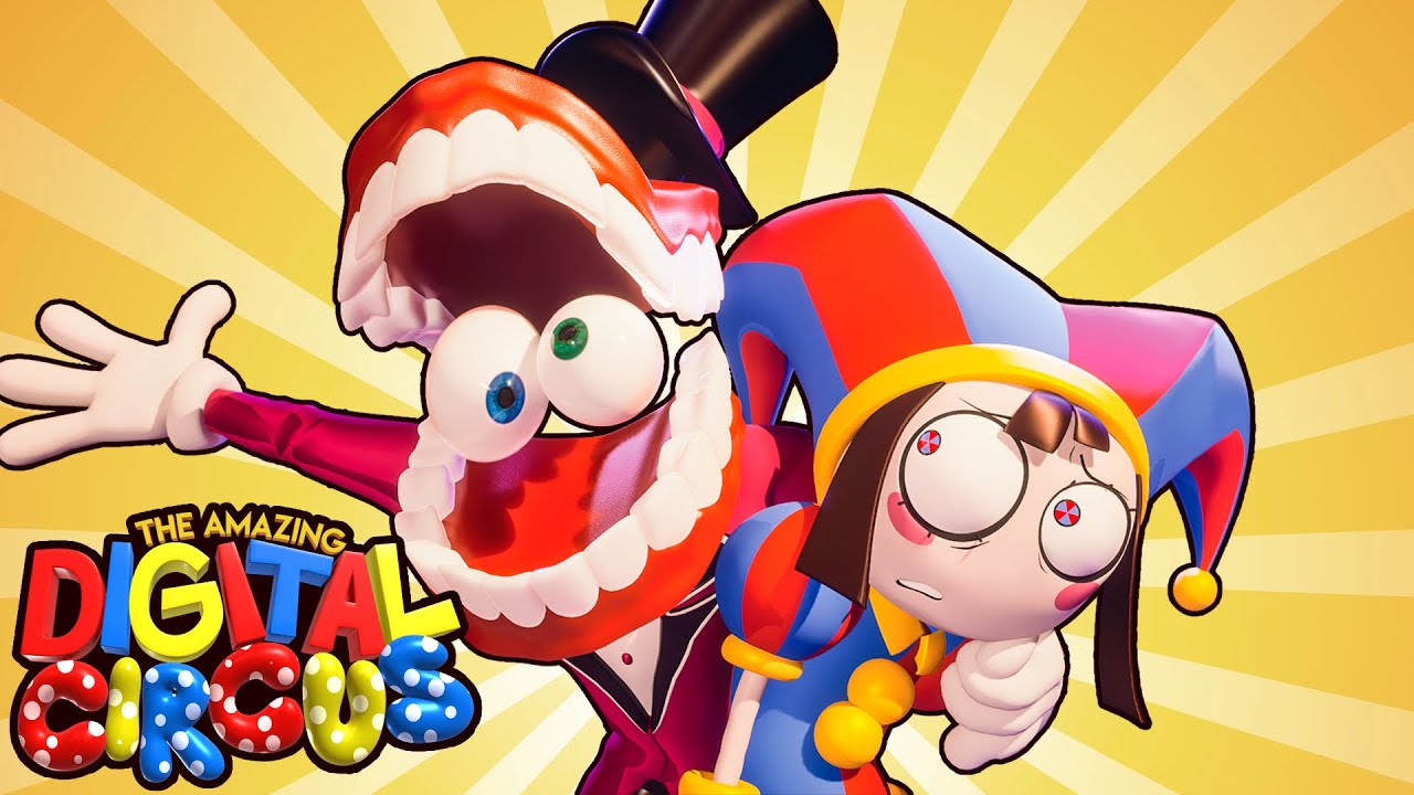 The Amazing Digital Circus’ teaser thumbnail. Caine, a person in a ringmaster’s coat and tophat with a pair of teeth around a floating pair of eyes foa a head, grabs Pomni, a jester who is shorter than him, around the shoulder, exclaiming to the audience.