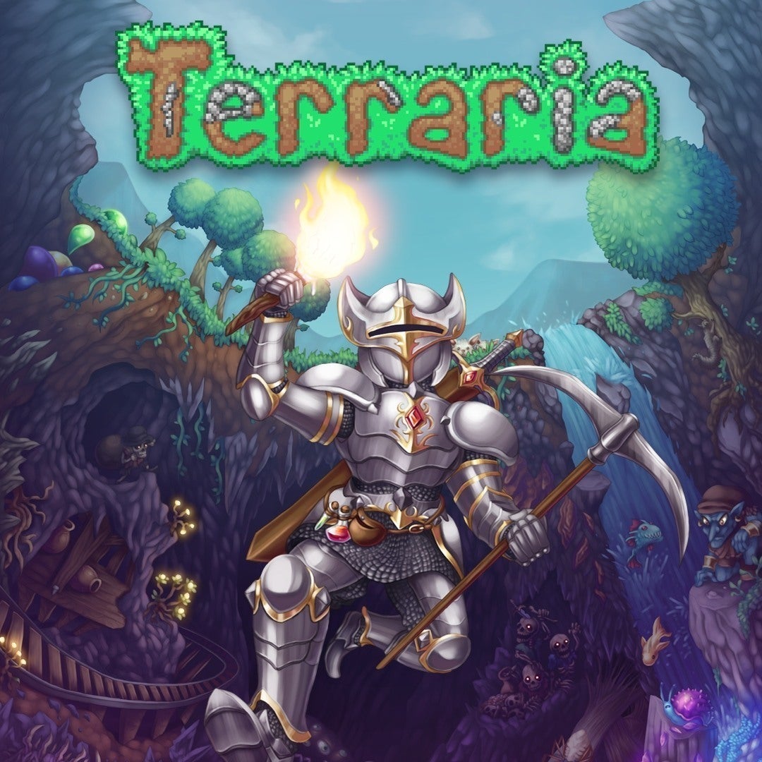 Square jacket for Terraria. A figure wearing silver armor, holding a torch in one hand and a pickaxe in another, jumps feet-first into a large ravine featuring some of the sights and enemies found in the game’s caverns.