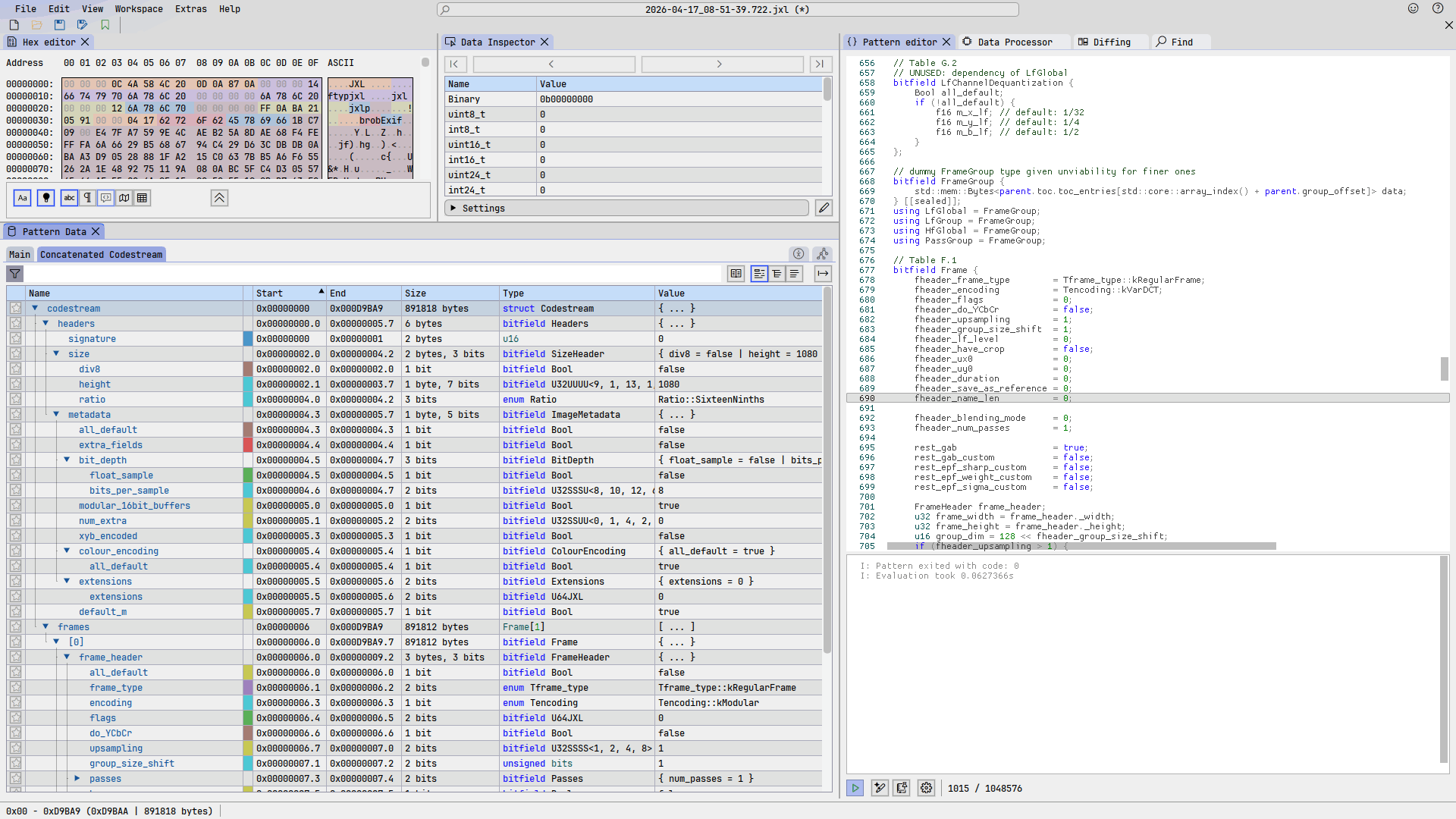 a screenshot of imhex, showing a nearly-expanded pattern data window that has a wealth of information about the codestream for the jxl image